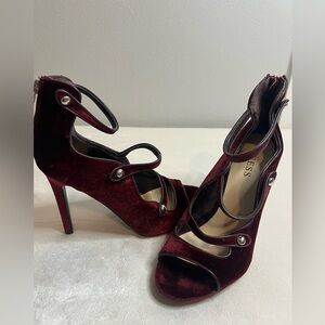 Guess Deep Red Velvet Strappy Stilletos Size 8M